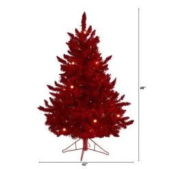 4ft Nearly Natural Pre-Lit Red Flocked Fraser Fir Artificial Christmas Tree Red Lights