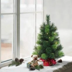 2ft Puleo Pre-Lit Tabletop Artificial Christmas Tree Red Sac Clear Lights