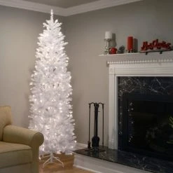 National Tree Company Artificial Pre-Lit Slim Christmas Tree, White, Kingswood Fir, White Lights, Includes Stand, 7 Feet