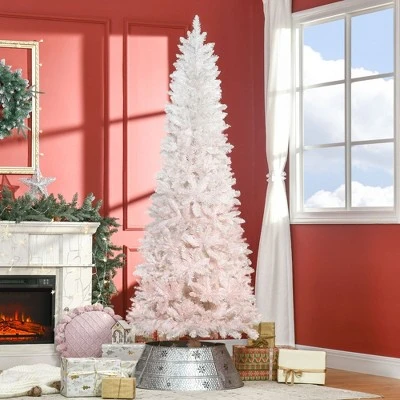 HOMCOM 7' Tall Unlit Pencil Fir Artificial Christmas Tree with Realistic Branches and Steel Base, Pink and White 2 HOMCOM 7' Tall Unlit Pencil Fir Artificial Christmas Tree with Realistic Branches and Steel Base, Pink and White - Image 2