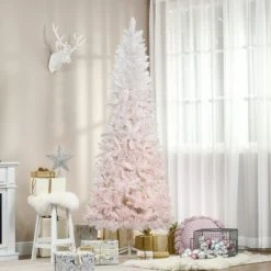 HOMCOM 6' Tall Unlit Pencil Fir Artificial Christmas Tree with Realistic Branches and Steel Base, Pink and White