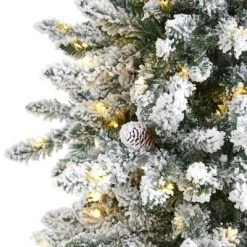 Nearly Natural Pre-Lit LED Flocked Livingston Fir Artificial Christmas Tree with Pinecones Clear Lights