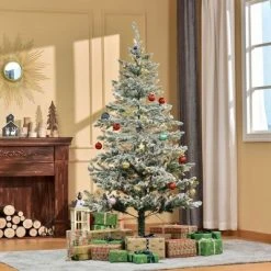 Homcom Artificial Snow Flocked Christmas Tree Xmas Tree with Stand & LED Lights