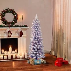 4.5ft Puleo Pre-Lit Purple Flocked Slim Artificial Christmas Tree Clear Lights