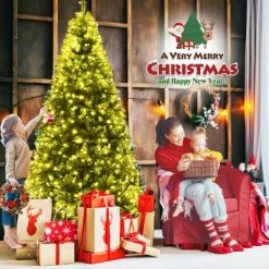 Costway 7Ft Prelit Christmas Tree, Hinged Xmas Tree with 500 Multi-Color, Warm White LED Lights, 1570 PVC Branch, 11 Lighting Modes, Metal Stand -Christmas Trees Sales Store unnamed file 1814