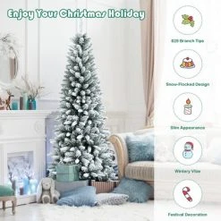 Costway 6.5ft Snow-Flocked Hinged Artificial Christmas Pencil Tree w/ 829 Mixed Tips -Christmas Trees Sales Store unnamed file 1865