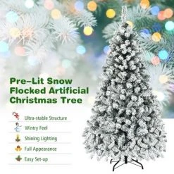 Costway 6ft/7.5ft/9ft Pre-Lit Premium Snow Flocked Hinged Artificial Christmas Tree with 250 Lights/450 Light/550 Lights -Christmas Trees Sales Store unnamed file 1874