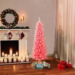 4.5ft Puleo Pre-Lit Pink Flocked Slim Artificial Christmas Tree Clear Lights
