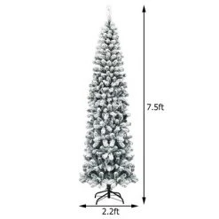 Costway 7.5Ft Pre-lit Snow Flocked Artificial Pencil Christmas Tree w/ 350 LED Lights
