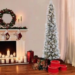 Puleo 7.5ft Pre-lit Slim Pencil Christmas Tree Flocked Portland Pine