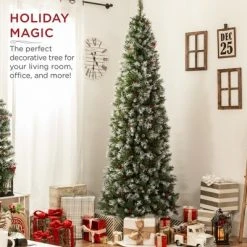 Best Choice Products Pre-Decorated Partially Flocked Holiday Christmas Pencil Tree w/ Base