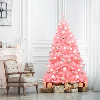 Costway 6Ft Hinged Artificial Christmas Tree Full Fir Tree New PVC w/ Metal Stand Pink 1 Costway 6Ft Hinged Artificial Christmas Tree Full Fir Tree New PVC w/ Metal Stand Pink
