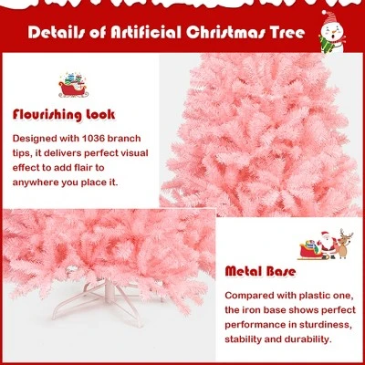 Costway 6Ft Hinged Artificial Christmas Tree Full Fir Tree New PVC w/ Metal Stand Pink 6 Costway 6Ft Hinged Artificial Christmas Tree Full Fir Tree New PVC w/ Metal Stand Pink - Image 6