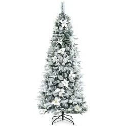 Costway 5ft/6ft/7ft/8ft Snow Flocked Christmas Pencil Tree w/ Berries & Poinsettia Flowers -Christmas Trees Sales Store unnamed file 2073