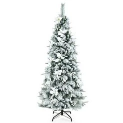 Costway 5ft/6ft/7ft/8ft Snow Flocked Christmas Pencil Tree w/ Berries & Poinsettia Flowers -Christmas Trees Sales Store unnamed file 2074