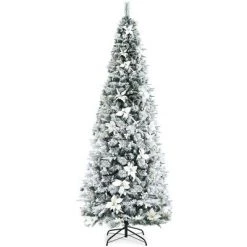 Costway 5ft/6ft/7ft/8ft Snow Flocked Christmas Pencil Tree w/ Berries & Poinsettia Flowers -Christmas Trees Sales Store unnamed file 2075