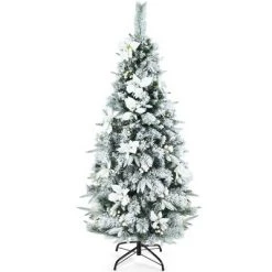 Costway 5ft/6ft/7ft/8ft Snow Flocked Christmas Pencil Tree w/ Berries & Poinsettia Flowers -Christmas Trees Sales Store unnamed file 2076