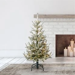 Home Heritage Snowy Abies Pine Prelit Flocked Artificial Christmas Tree, Clear Dimmable Fairy Lights, Quick Set-Up, PVC Tips, Stand, Green