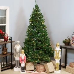 Sunnydaze Decor Sunnydaze Indoor Pre-Lit Faux Tannenbaum Slim Holiday Christmas Evergreen Tree with Hinged Branches and Warm White Lights - 7' - Green