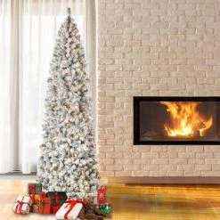 National Tree Company Pre-Lit Pencil Slim Flocked Acacia Hinged Artificial Christmas Tree Clear Lights