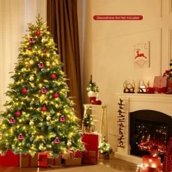Costway 7ft Pre-Lit Snowy Christmas Hinged Tree 11 Flash Modes w/ 450 Multi-Color Lights