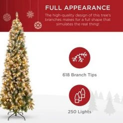 Best Choice Products Pre-Lit Pencil Christmas Tree, Pre-Decorated, Frosted w/ Flocked Tips, Lights, Base -Christmas Trees Sales Store unnamed file 2248