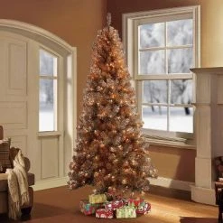6.5ft Pre-Lit Rose Gold Tinsel Artificial Christmas Tree - Puleo