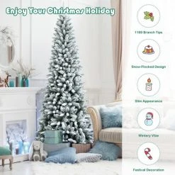 Costway 7.5ft Snow-Flocked Hinged Artificial Christmas Pencil Tree w/ 1189 Mixed Tips -Christmas Trees Sales Store unnamed file 2364
