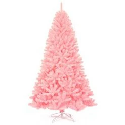 Costway 7.5Ft Hinged Artificial Christmas Tree Full Fir Tree New PVC w/ Metal Stand Pink