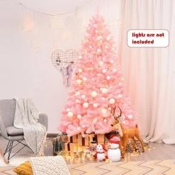 Costway 7.5Ft Hinged Artificial Christmas Tree Full Fir Tree New PVC w/ Metal Stand Pink -Christmas Trees Sales Store unnamed file 2396