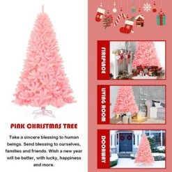 Costway 7.5Ft Hinged Artificial Christmas Tree Full Fir Tree New PVC w/ Metal Stand Pink -Christmas Trees Sales Store unnamed file 2397