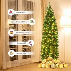 Costway 4.5Ft6.5Ft7.5Ft Pre-lit Hinged Pencil Christmas Tree w/Pine Cones Red Berries & 150250350 Lights -Christmas Trees Sales Store unnamed file 2413
