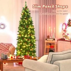 Costway 4.5Ft6.5Ft7.5Ft Pre-lit Hinged Pencil Christmas Tree w/Pine Cones Red Berries & 150250350 Lights -Christmas Trees Sales Store unnamed file 2414