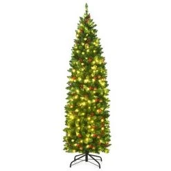 Costway 4.5Ft6.5Ft7.5Ft Pre-lit Hinged Pencil Christmas Tree w/Pine Cones Red Berries & 150250350 Lights -Christmas Trees Sales Store unnamed file 2418