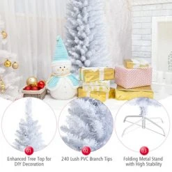 Tangkula Life-Like Slender White Christmas Tree Artificial Pencil Unlit Xmas Tree W/ Folding Metal Stand & Durable PVC