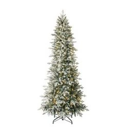 Evergreen Classics 7.5 Foot Pre Lit Snowy Redwood Pine Artificial Holiday Tree with 600 Dimmable Warm White LED Lights and Metal Stand