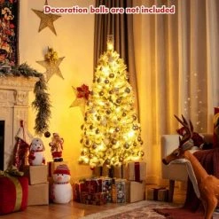 Costway 5FT Pre-Lit Hinged Christmas Tree Snow Flocked w/9 Modes Remote Control Lights