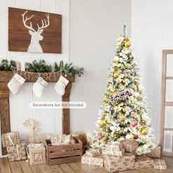 Costway 5ft/6ft/7ft/8ft Pre-lit Snow Flocked Christmas Tree w/ Berries & Poinsettia Flowers