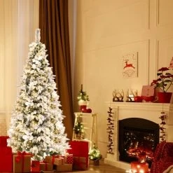 Costway 5ft/6ft/7ft/8ft Pre-lit Snow Flocked Christmas Tree w/ Berries & Poinsettia Flowers -Christmas Trees Sales Store unnamed file 2563