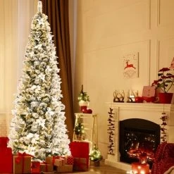 Costway 5ft/6ft/7ft/8ft Pre-lit Snow Flocked Christmas Tree w/ Berries & Poinsettia Flowers -Christmas Trees Sales Store unnamed file 2571