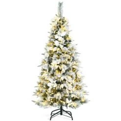 Costway 5ft/6ft/7ft/8ft Pre-lit Snow Flocked Christmas Tree w/ Berries & Poinsettia Flowers -Christmas Trees Sales Store unnamed file 2572