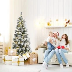 Tangkula Pre-lit Snow Flocked Christmas Pine Tree, Hinged Artificial Xmas Tree W/ Remote-controlled Multi-Color Lights -Christmas Trees Sales Store unnamed file 2614