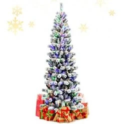 Tangkula Pre-lit Snow Flocked Christmas Pine Tree, Hinged Artificial Xmas Tree W/ Remote-controlled Multi-Color Lights -Christmas Trees Sales Store unnamed file 2623