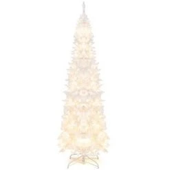 Costway 7FT Pre-Lit Hinged Pencil Christmas Tree White w/ 300 LED Lights & 8 Flash Modes