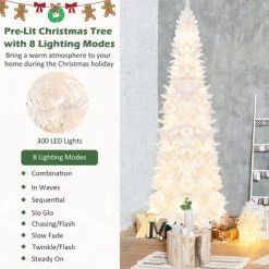 Costway 7FT Pre-Lit Hinged Pencil Christmas Tree White w/ 300 LED Lights & 8 Flash Modes -Christmas Trees Sales Store unnamed file 2628