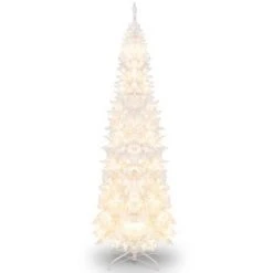Costway 7FT Pre-Lit Hinged Pencil Christmas Tree White w/ 300 LED Lights & 8 Flash Modes -Christmas Trees Sales Store unnamed file 2631
