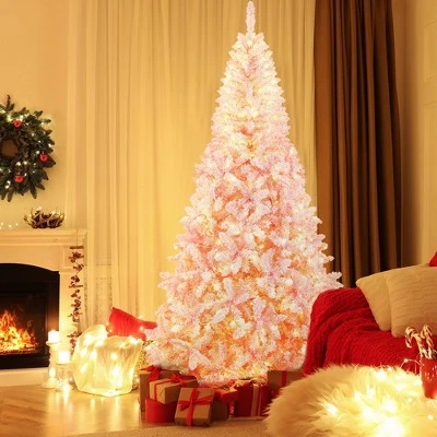 Costway 7.5FT Pre-Lit Snow Flocked Pink Christmas Tree 1100 Tips w/ 450 Lights & 8 Modes 1 Costway 7.5FT Pre-Lit Snow Flocked Pink Christmas Tree 1100 Tips w/ 450 Lights & 8 Modes