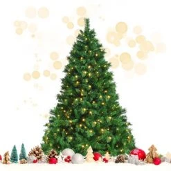 Tangkula Pre-Lit Hinged Lifelike Xmas Tree, Lush Artificial Christmas Tree W/ PVC Tips LED Lights 8 Flash Modes