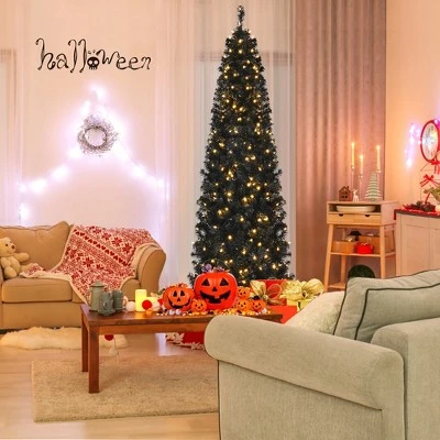 Costway 7ft Pre-lit PVC Christmas Halloween Pencil Tree Black w/ 350 LED Lights 1 Costway 7ft Pre-lit PVC Christmas Halloween Pencil Tree Black w/ 350 LED Lights
