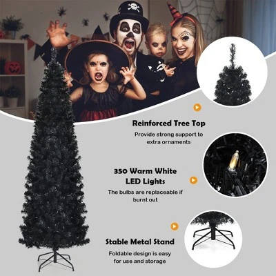 Costway 7ft Pre-lit PVC Christmas Halloween Pencil Tree Black w/ 350 LED Lights 7 Costway 7ft Pre-lit PVC Christmas Halloween Pencil Tree Black w/ 350 LED Lights - Image 7